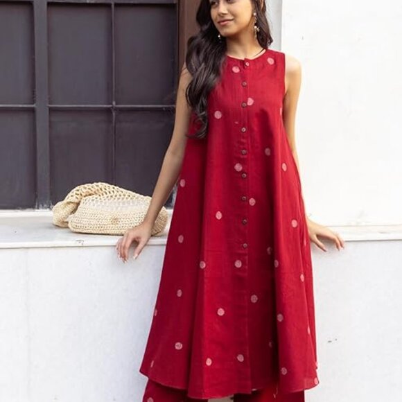 Printed Maroon Hand-Print Kurta Set|A-Line Kurta With Palazzo - Picture 4 of 5